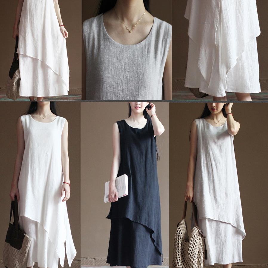 original white layered flowy linen sundress summer maxi dresses - Omychic