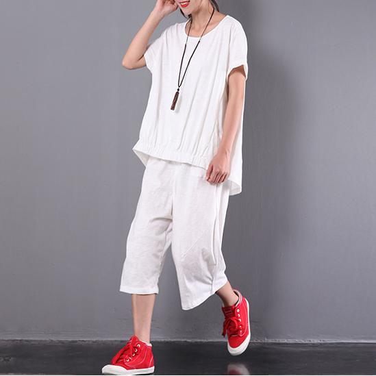 original white print cotton wrinkled t shirt and casual crop pants - Omychic