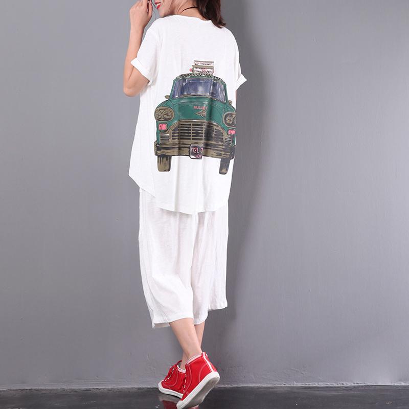 original white print cotton wrinkled t shirt and casual crop pants - Omychic