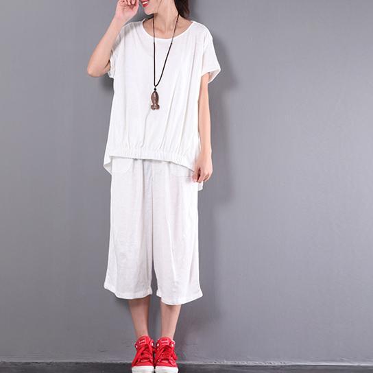 original white print cotton wrinkled t shirt and casual crop pants - Omychic