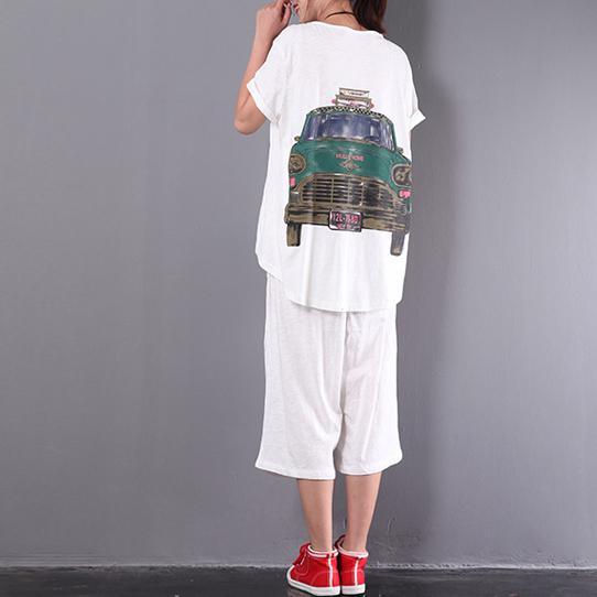 original white print cotton wrinkled t shirt and casual crop pants - Omychic