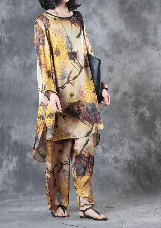 original yellow prints vintage silk two pieces ling sleeve tops and wide leg pants - Omychic