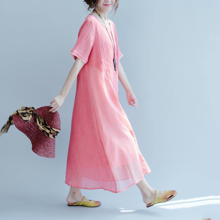 peach pink pleated linen dress summer short sleeve long cotton maxi dresses plus size - Omychic
