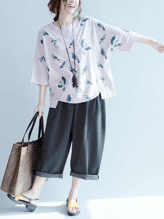 Pink Bird Print Plus Size Short Sleeve Cotton Shirts Woman Short Tops