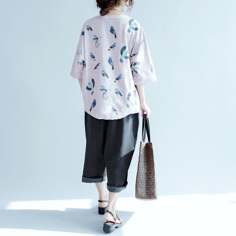 pink bird print plus size short sleeve cotton shirts woman short tops - Omychic