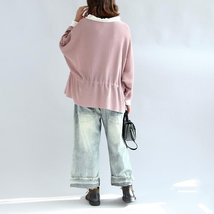 pink casual knit tops plus size white neck ruffles fashion sweaters - Omychic
