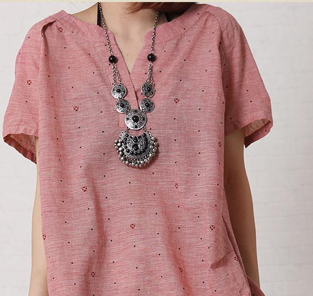 pink dotted women baggy cotton blouse oversize shirt top - Omychic