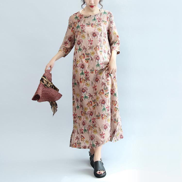 pink floral linen dresses Chinese Button loose bracelet sleeved maxi dress - Omychic