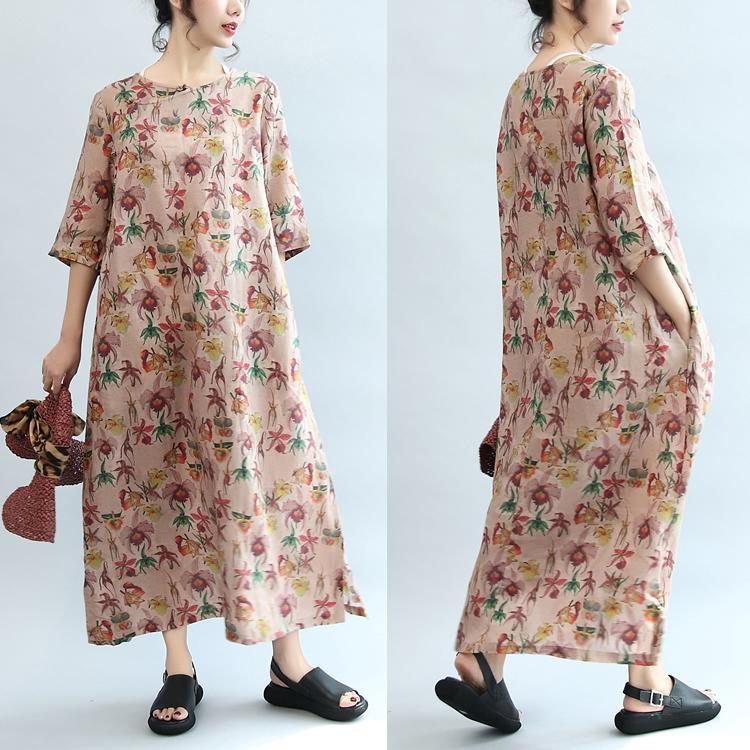 pink floral linen dresses Chinese Button loose bracelet sleeved maxi dress - Omychic