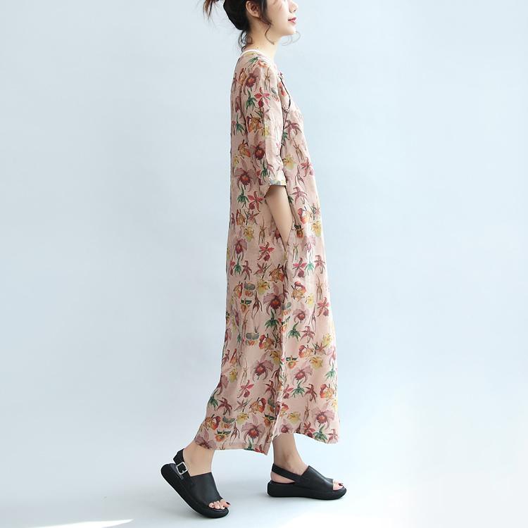 pink floral linen dresses Chinese Button loose bracelet sleeved maxi dress - Omychic