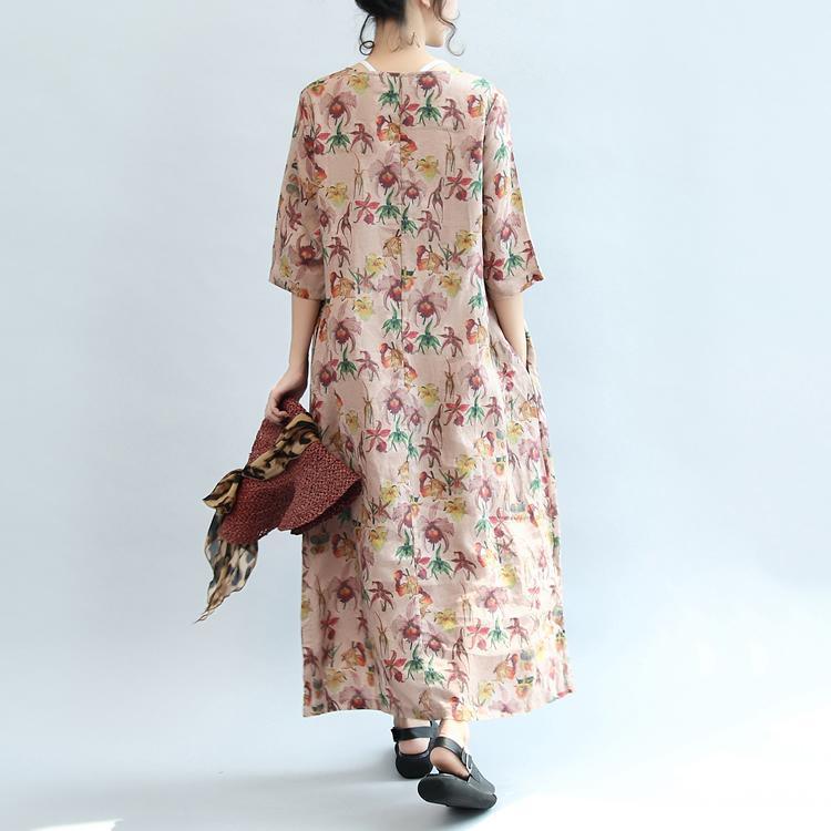 pink floral linen dresses Chinese Button loose bracelet sleeved maxi dress - Omychic
