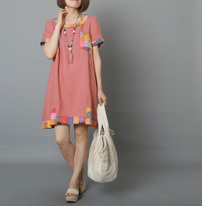 pink linen casual dress oversize summer dress linen shift sundress - Omychic