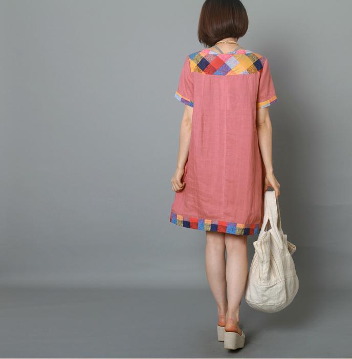 pink linen casual dress oversize summer dress linen shift sundress - Omychic