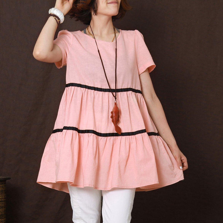 pink linen cute barbie summer shirt women loose blouse top dress - Omychic