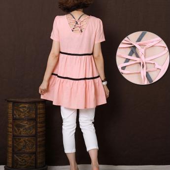 pink linen cute barbie summer shirt women loose blouse top dress - Omychic