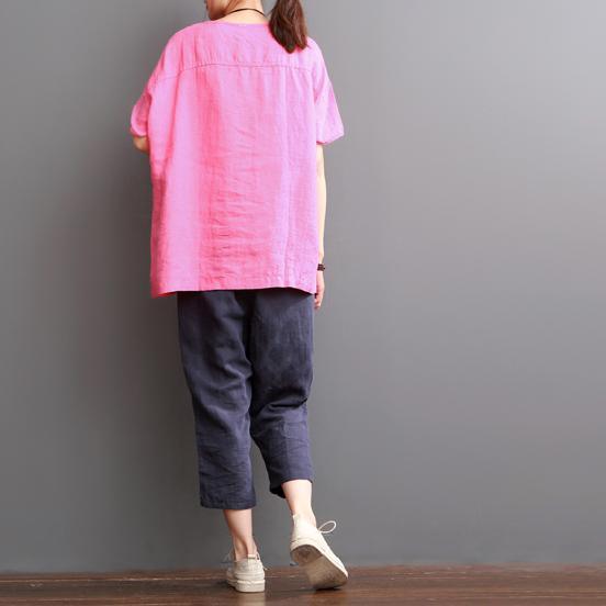 pink linen shirt short sleeve women blouse love beers - Omychic