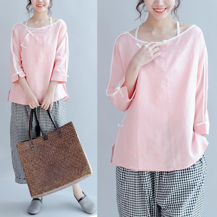 pink mandarin casual linen tops  loose vintage blouse long sleeve shirts - Omychic
