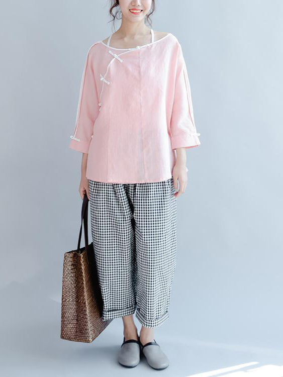 Pink Mandarin Casual Linen Tops Loose Vintage Blouse Long Sleeve Shirts