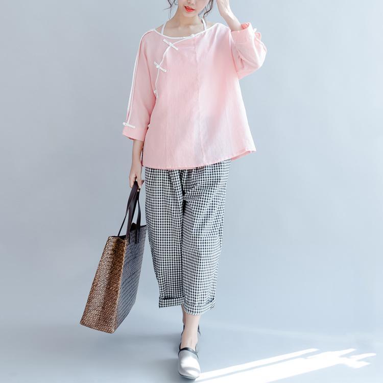 pink mandarin casual linen tops  loose vintage blouse long sleeve shirts - Omychic