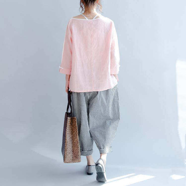 pink mandarin casual linen tops  loose vintage blouse long sleeve shirts - Omychic