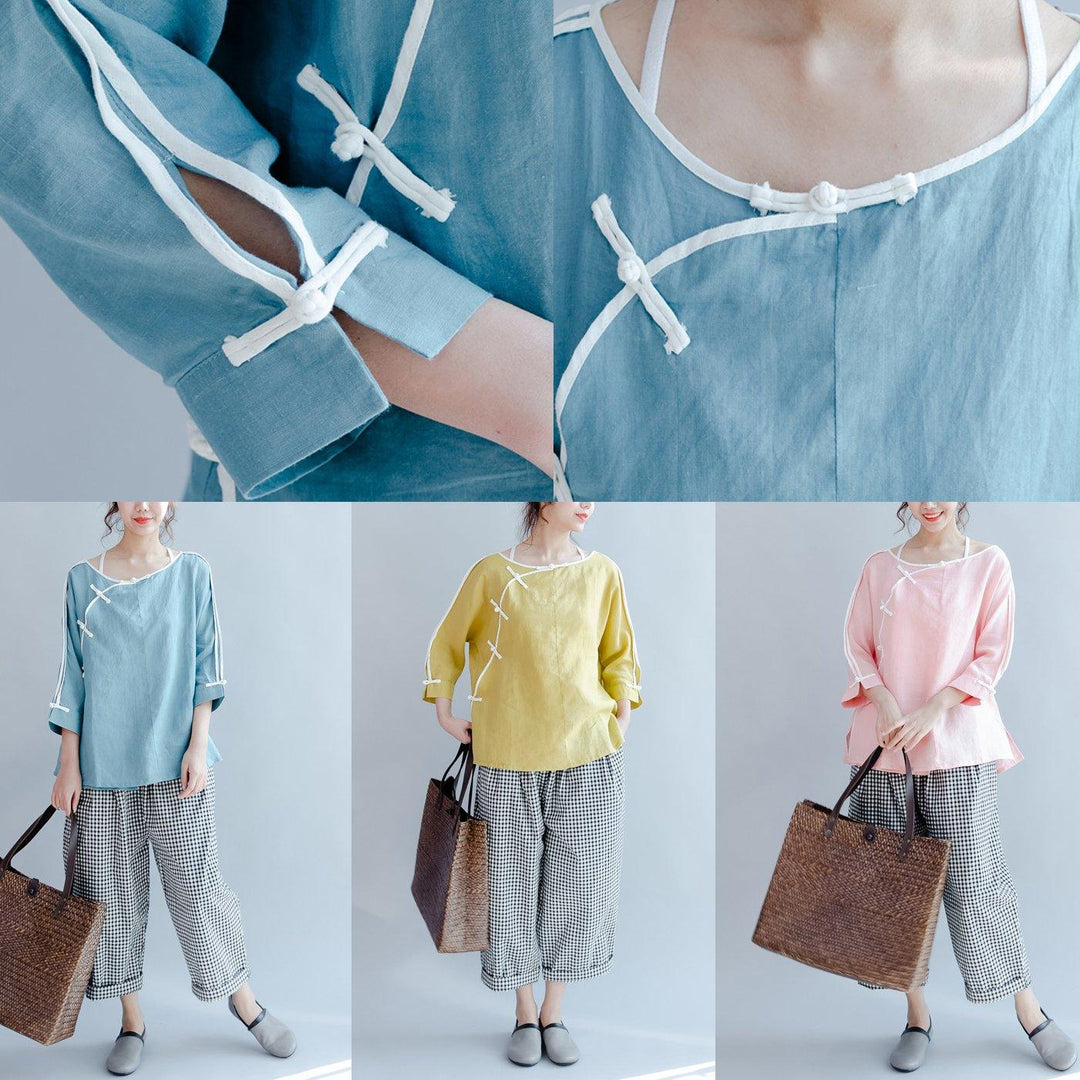 pink mandarin casual linen tops  loose vintage blouse long sleeve shirts - Omychic