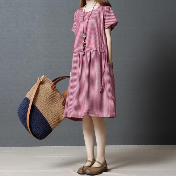 pink patchwork striped linen dresses oversize drawstring sundress o neck traveling dress - Omychic