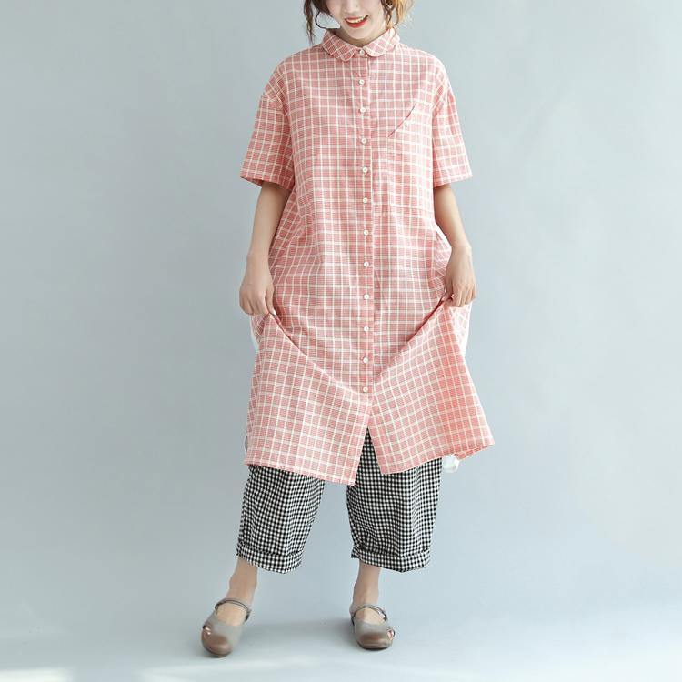 pink plaid oversize cotton maxi dress casual stylish summer dresses short sleeve prints shirt dress - Omychic