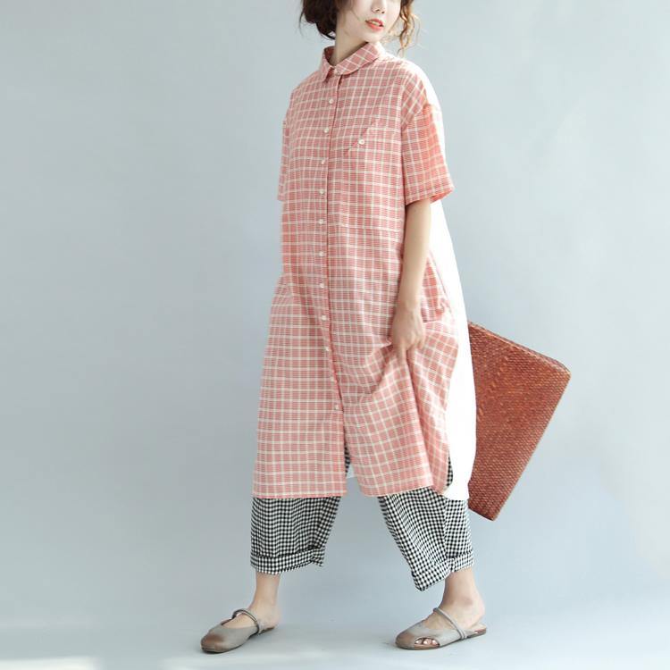 pink plaid oversize cotton maxi dress casual stylish summer dresses short sleeve prints shirt dress - Omychic