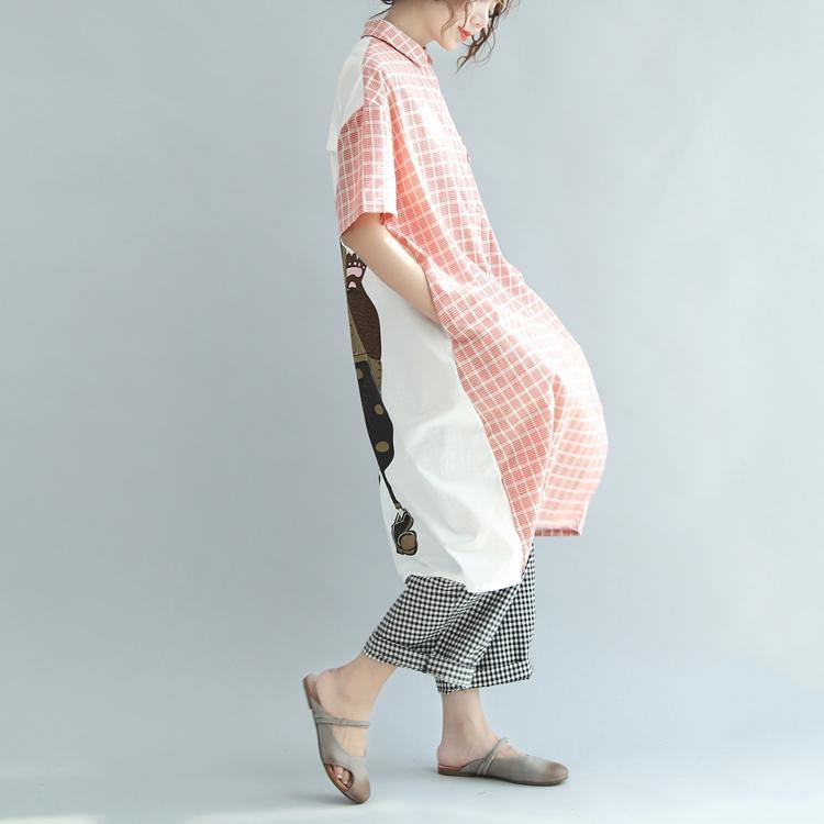 pink plaid oversize cotton maxi dress casual stylish summer dresses short sleeve prints shirt dress - Omychic