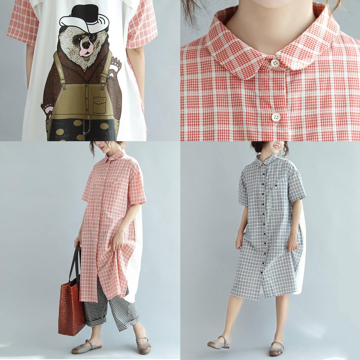 pink plaid oversize cotton maxi dress casual stylish summer dresses short sleeve prints shirt dress - Omychic