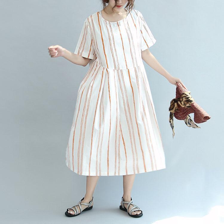 pink striped patchwork cotton dresses oversize stylish sundress short sleeve maxi dress - Omychic