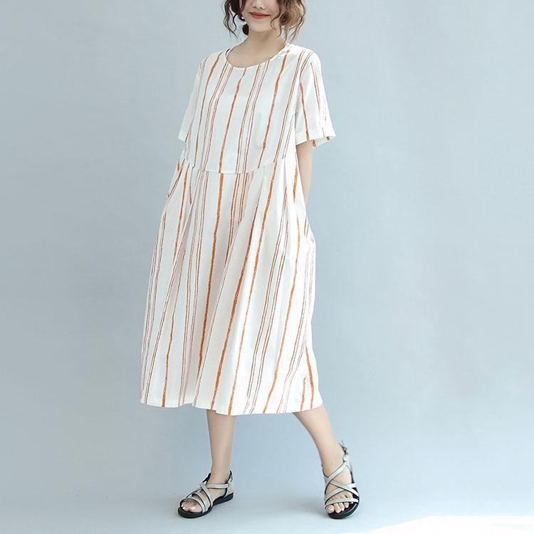 pink striped patchwork cotton dresses oversize stylish sundress short sleeve maxi dress - Omychic