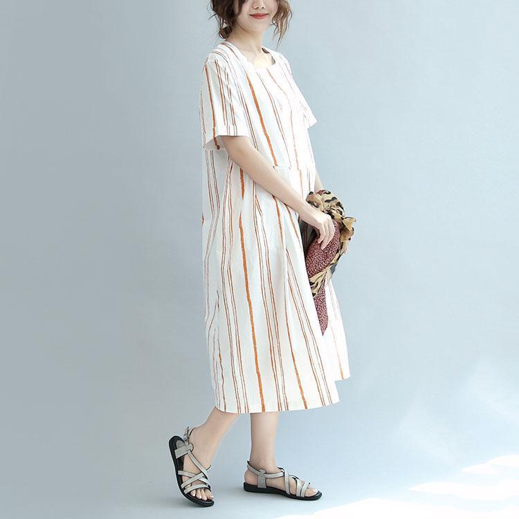 pink striped patchwork cotton dresses oversize stylish sundress short sleeve maxi dress - Omychic