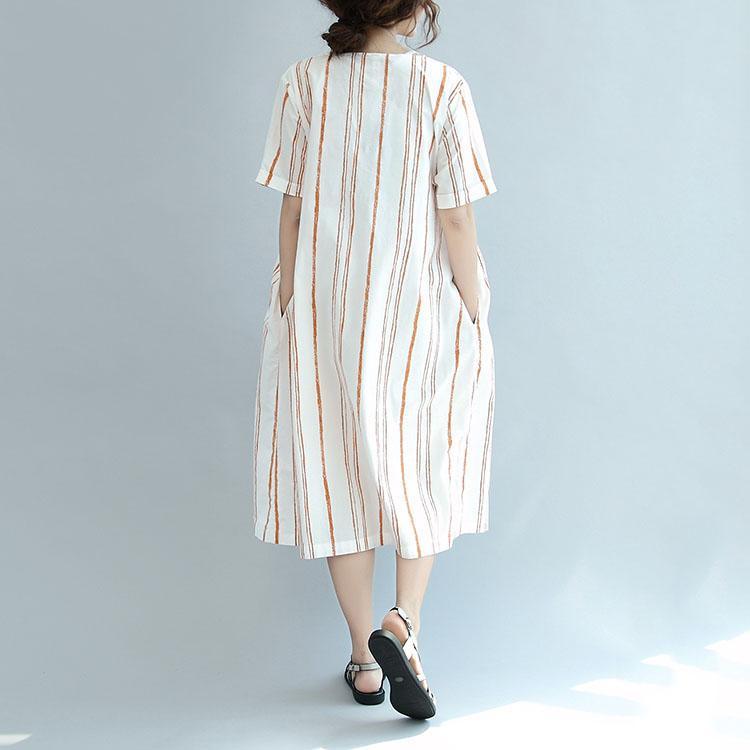 pink striped patchwork cotton dresses oversize stylish sundress short sleeve maxi dress - Omychic