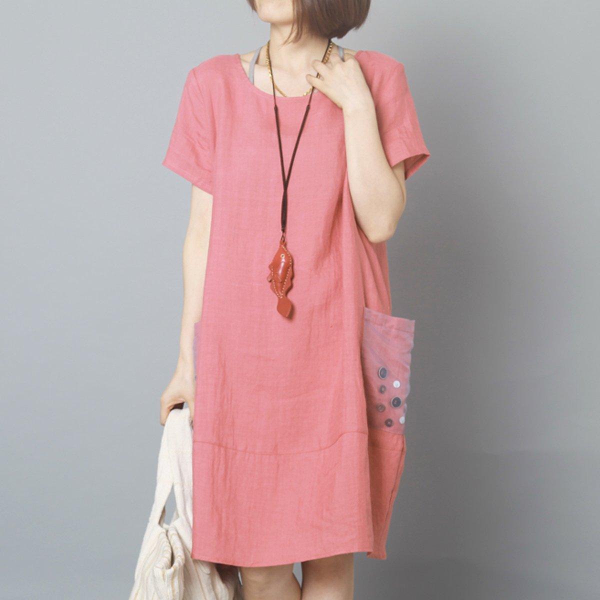 pink summer linen dress baggy shift dress casual daily sundress - Omychic