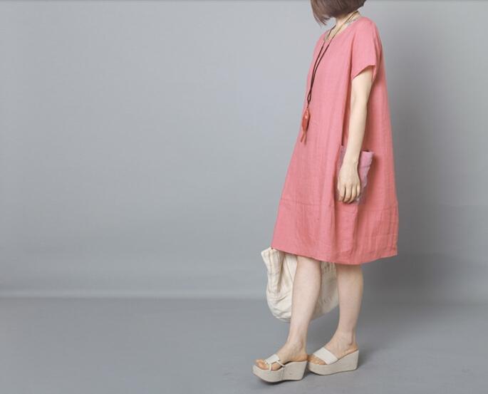 pink summer linen dress baggy shift dress casual daily sundress - Omychic