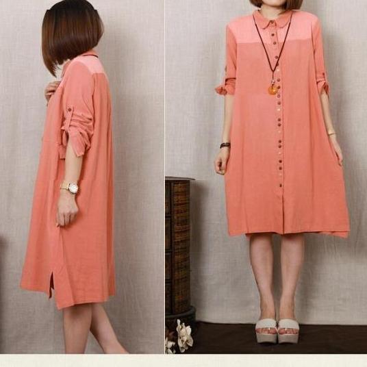 pink women long linen dress shift dress handmade sundress plus size - Omychic