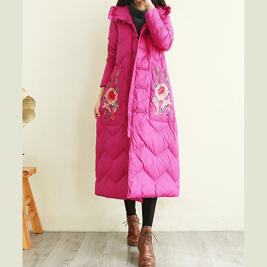 plus size clothing snow jackets overcoat rose embroidery Chinese Button hooded warm winter coat - Omychic