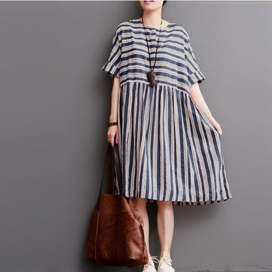 plus size white striped linen sundress summer patchwork casual dresses o neck linen maxi dress - Omychic