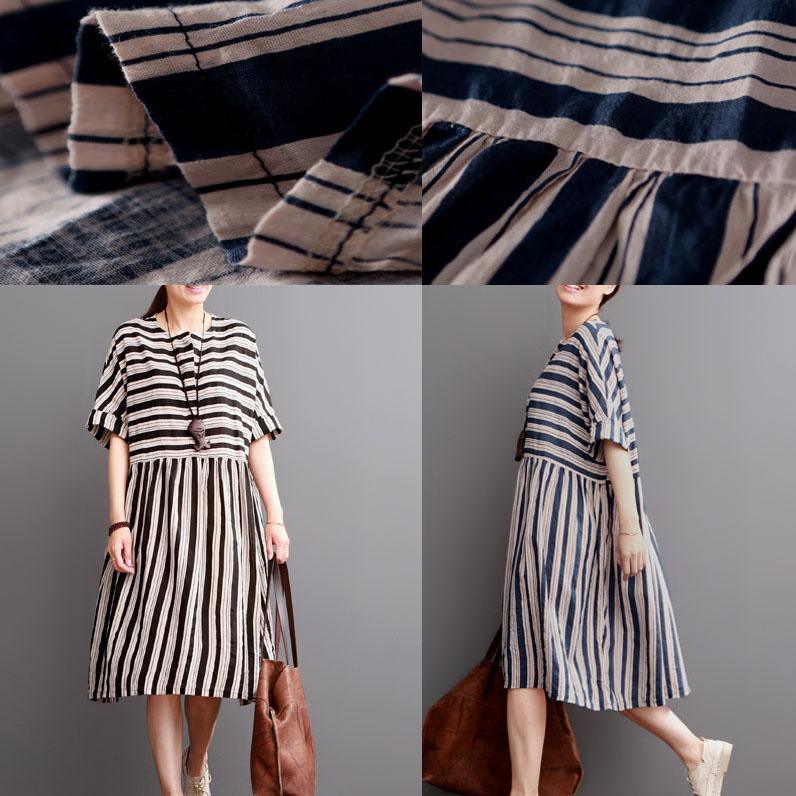plus size white striped linen sundress summer patchwork casual dresses o neck linen maxi dress - Omychic