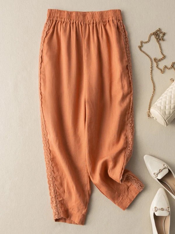 Linen Lace Elastic Casual Harem Pants With Pockets