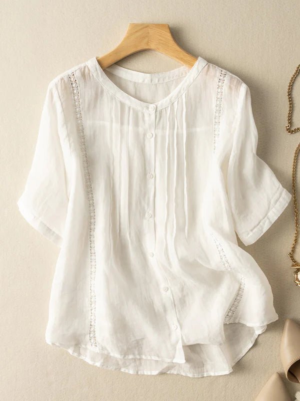 Pure Color Round Neck Casual Linen Top Short Sleeve