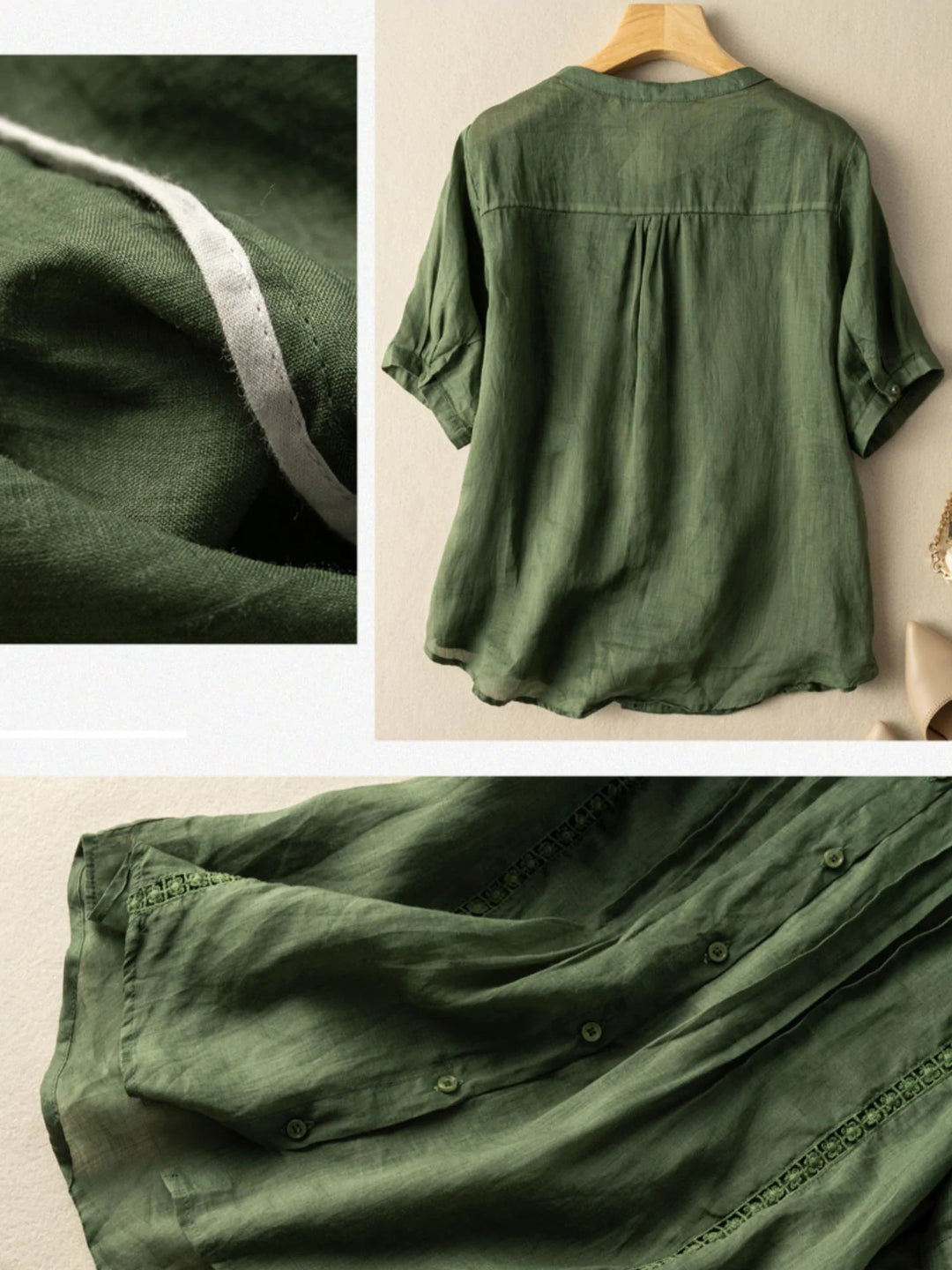 Pure Color Round Neck Casual Linen Top Short Sleeve