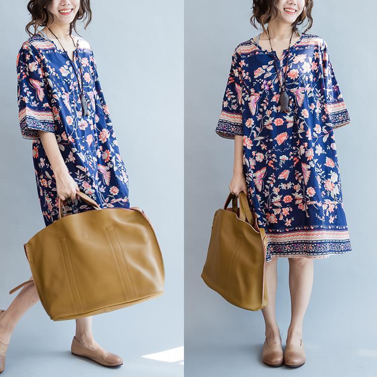 pure cotton navy print summer shift dresses plus size floral cotton sundress oversize causal dresses - Omychic