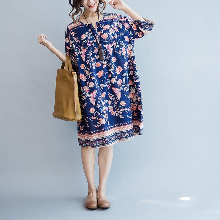 pure cotton navy print summer shift dresses plus size floral cotton sundress oversize causal dresses - Omychic