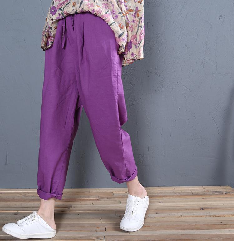 purple linen casual trousers loose women straight pants - Omychic