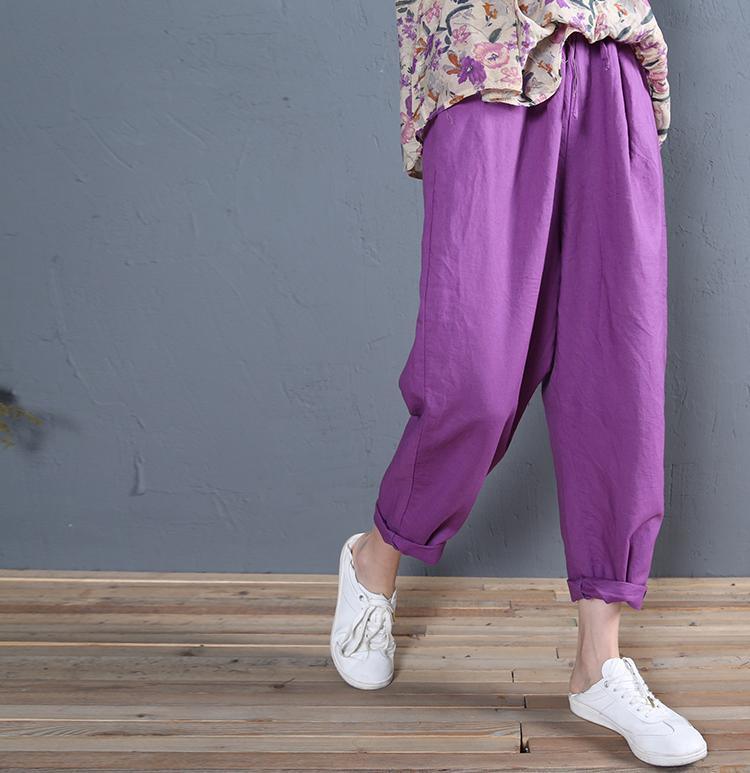 purple linen casual trousers loose women straight pants - Omychic