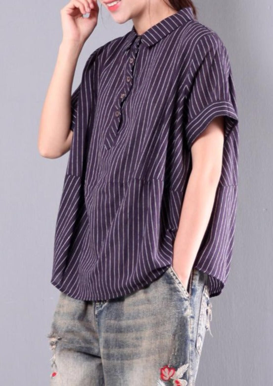 purple casual striped cotton tops oversize t shirt - Omychic