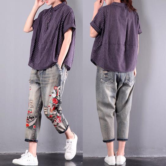 purple casual striped cotton tops oversize t shirt - Omychic
