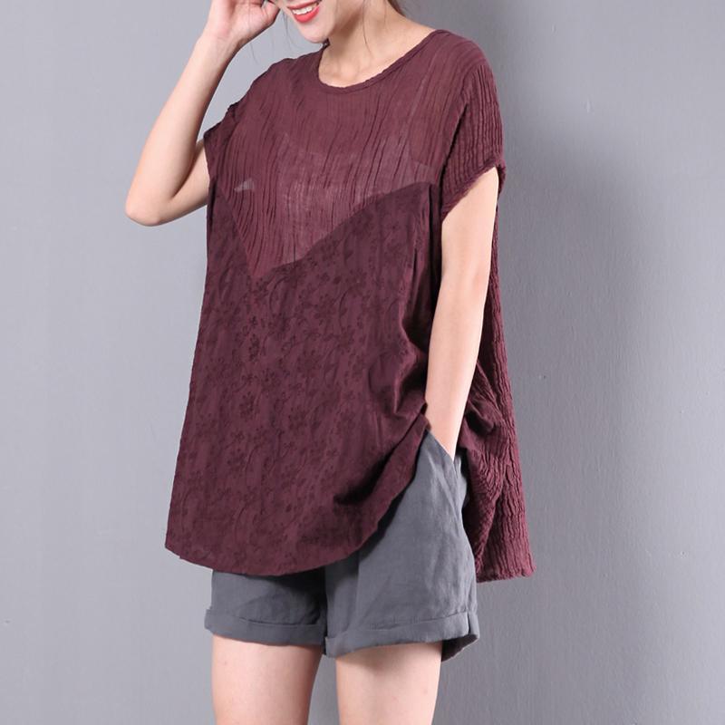 purple red summer casual linen t shirt loose stylish cute tops - Omychic
